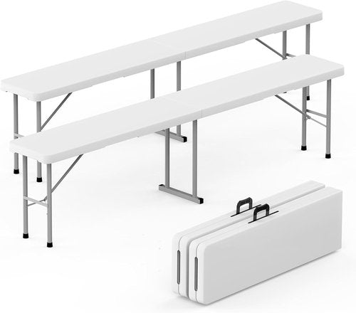 HLPB Folding Bench - 6 ft Portable Plastic Seating with Handle | Smooth HDPE Tabletop, 2 Pack, White