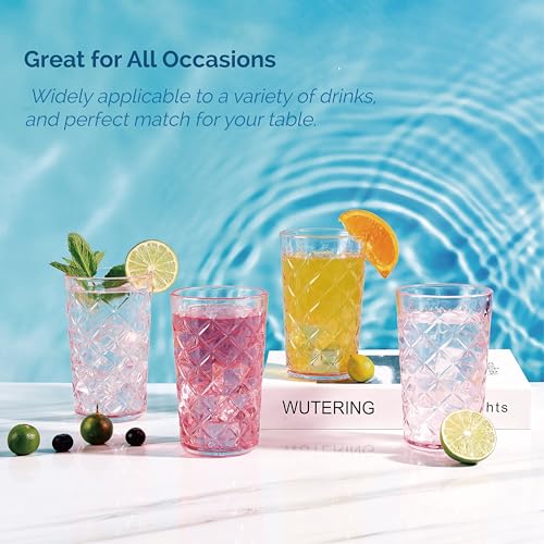 Pink Vintage Cross Hatch Highball Glass Set of 4, 15.5oz Drinking Water & Cocktail Glasses