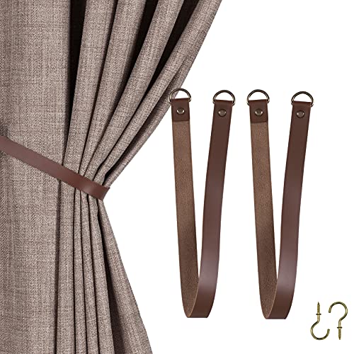 PU Leather Curtain Tiebacks with Wall Hooks - Set of 2, Chocolate