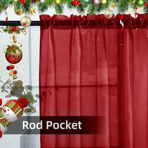 youleyar Christmas Red Sheer Voile Curtain Panels 4 Pack, 52x90 Inch