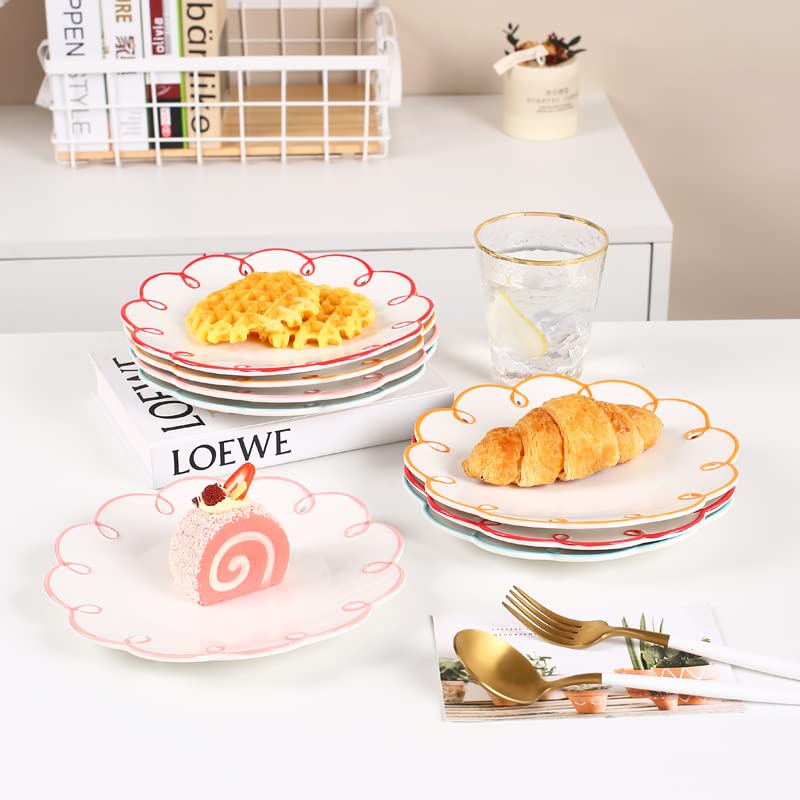 Colias Wing 8 Inches Red Edge Design Flower Shaped Ceramic Dinner Plates-Set of 2-White