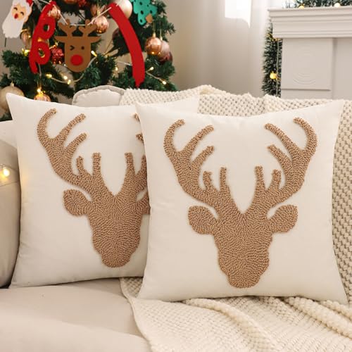 LUOYEHK Caramel Reindeer Christmas Pillow Covers 18x18 Set of 2 Rustic Holiday Decor