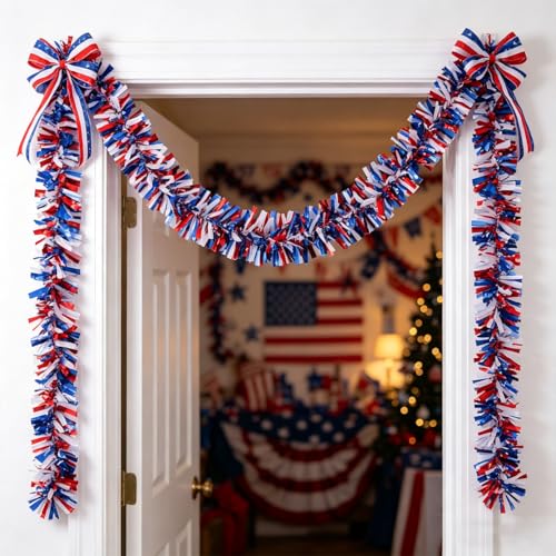 33ft Red White and Blue Patriotic Tinsel Garland for 4th of July Decor