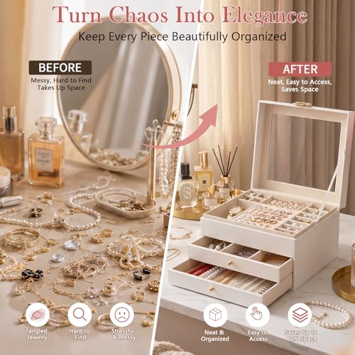 3-Tier Jewelry Box Organizer with Transparent Lid, Velvet Lined Storage Case
