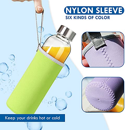 18 oz Glass Juice Bottles with Lids and Sleeves, 6 Pack