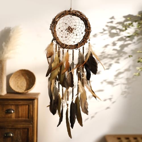 Boho Rattan Dream Catcher Wall Decor with Feathers and Wood Beads