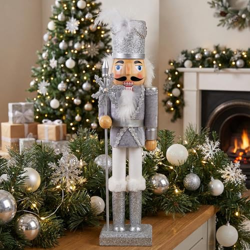 15-Inch Silver Glitter Christmas Nutcracker Figure for Holiday Decor
