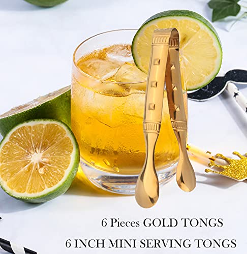 Gold Mini Tongs 6 Inch Food-Grade Stainless Steel for Appetizers, Ice & Sugar - 6 Pack