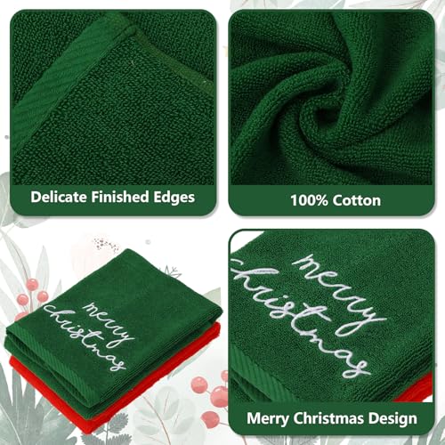 Christmas Embroidered Cotton Hand Towels Set 2 Pack Red Green Holiday Decor