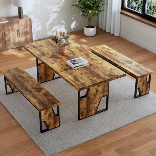 70.8" Modern Wooden Dining Table Set with 2 Benches for 6-8 People