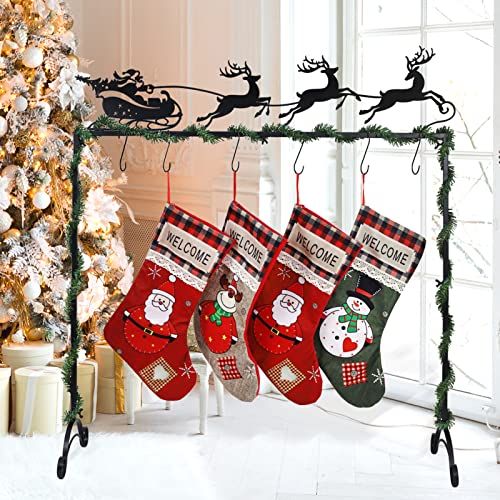 Black Metal Christmas Elk Cart Stocking Holder Stand with 6 Hooks - Freestanding Holiday Decor