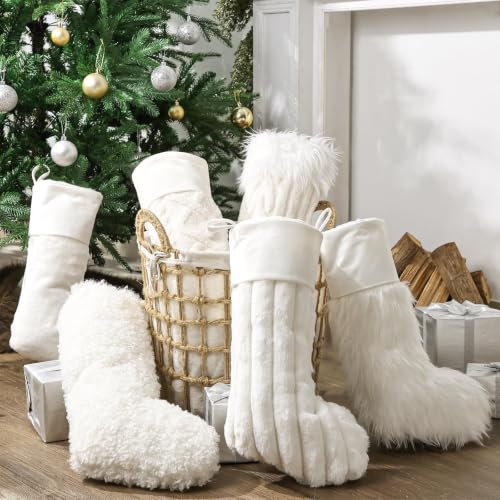 18-Inch Luxury Christmas Stockings 6-Pack - Faux Fur Textured Patterns with Name Tags