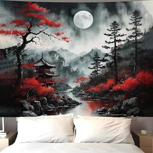 Japanese Anime Mountain Wall Tapestry - Black & Red Forest Hanging Decor
