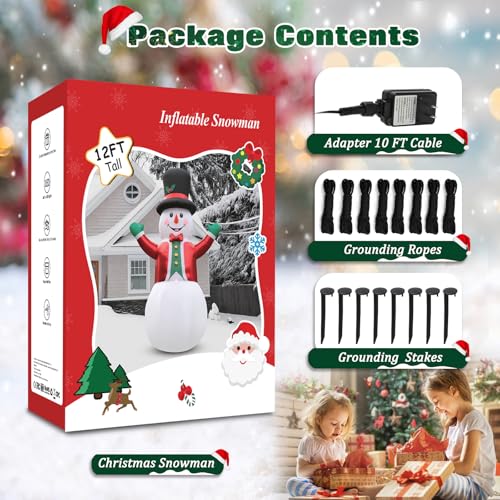 FunFanso 12 Ft Christmas Inflatable Snowman with LED Lights, Wear Hat & Red Suit – Giant Outdoor Decor