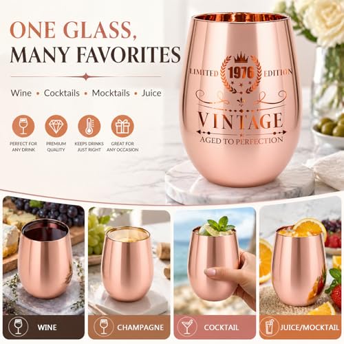 18oz Rose Gold 50th Birthday Wine Glass - Vintage 1976 Engraved Crystal