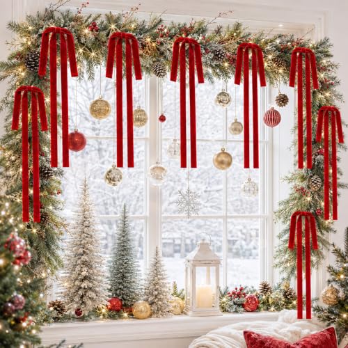TAOYE 6-Pack Long Red Velvet Christmas Bows 15 x 24 in – Single-Sided Decorative Ornaments