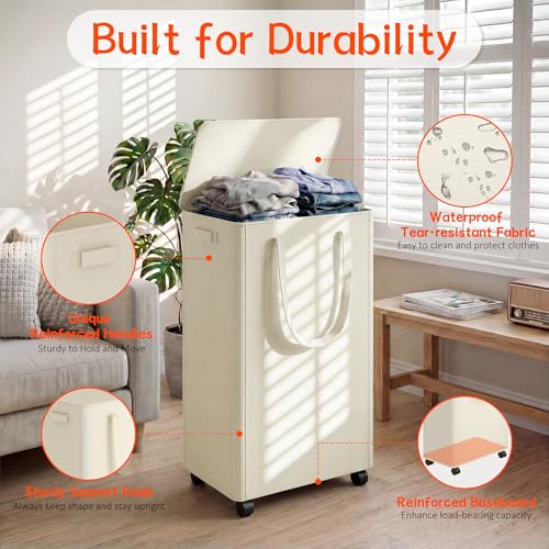 Vincona Slim Rolling Laundry Hamper with Lid and Wheels - 75L Tall Collapsible Clothes Basket