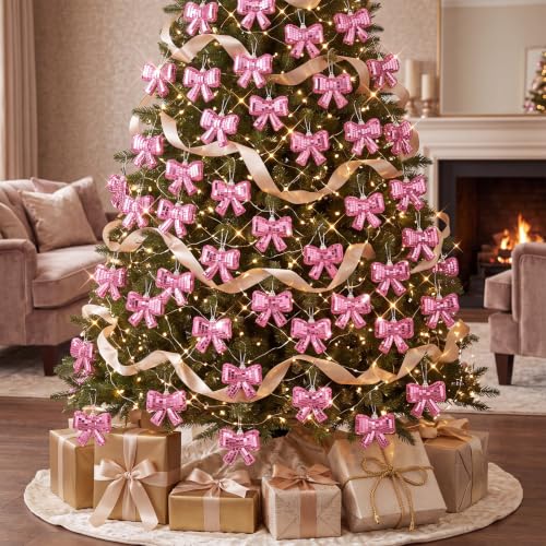 Sosation Pink Bow Christmas Ornaments Set - 12 Shimmering Holiday Decorations