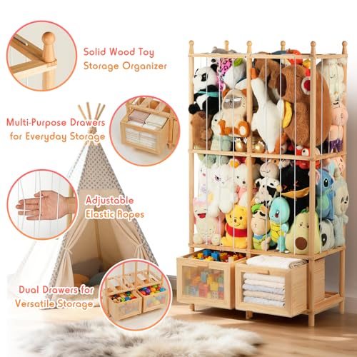 Stuffed Animal Storage Tower with Two Wooden Drawers, 280L Toy Organizer