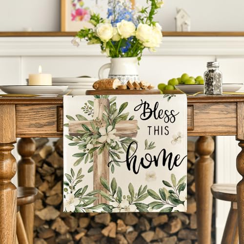 Artoid Mode Cross Olive Leaves Spring Table Runner 13x72 Inch Beige Home Decor
