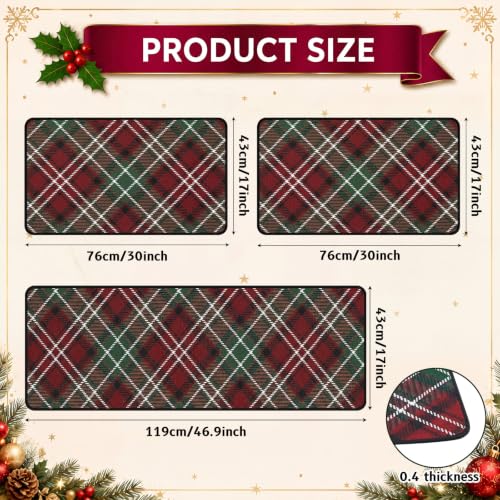 Willinglong 3-Piece Red & Green Tartan Plaid Christmas Kitchen Mats Set (Red/Green Plaid) - 16.9 x 29.9in + 16.9 x 46.9in Runner