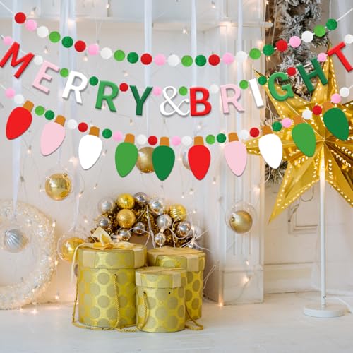 3-Piece Christmas Felt Garland Set with Pompoms, Lights & 'Merry & Bright' Banner