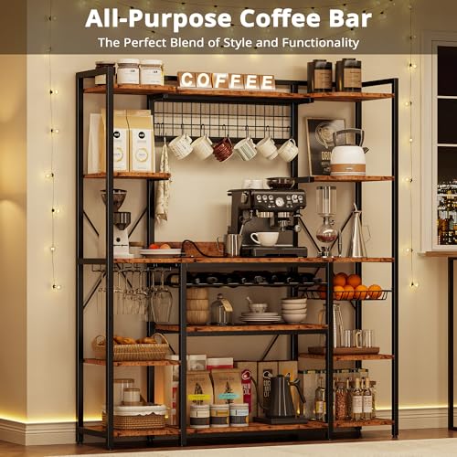 62-Inch Kitchen Bakers Rack with Power Outlets, Wine Storage, and 5 Shelves