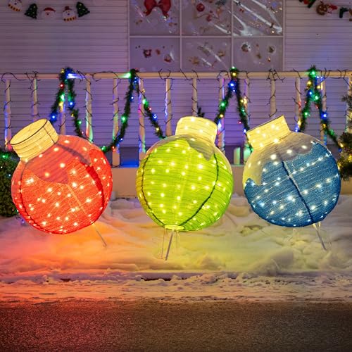 Dazzle Bright LED Christmas Ball Decorations Set - 3 Collapsible Outdoor Indoor Holiday Ornaments with 8 Modes & Timer
