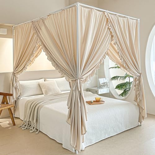 Opaque Canopy Bed Curtains with Top Ties - Soft Microfiber Drapes (Queen, Khaki)