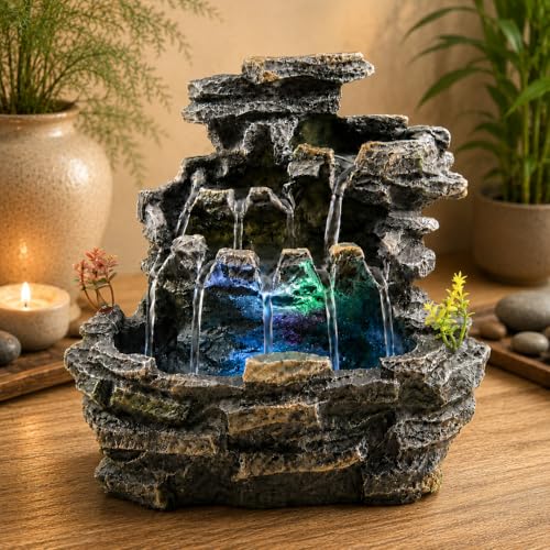 9-Inch Indoor Tabletop Water Fountain with LED Light, Zen Waterfall Decor