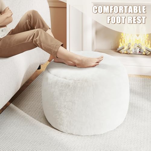 Round Faux Fur Pouf Ottoman, 20-Inch Foam Filled Foot Stool for Living Room