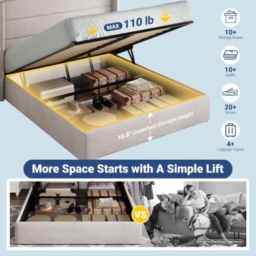 Queen Size Hydraulic Lift Up Storage Bed Frame - Light Beige Wingback