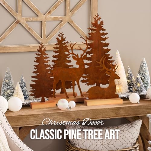 KPX Set of 5 Metal Christmas Tree and Deer Tabletop Decor, Rusty