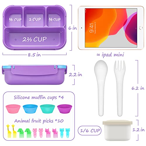 QQKO Bento Lunch Box for Kids & Adults with 4 Compartments, Utensils, and Sauce Cup, Purple