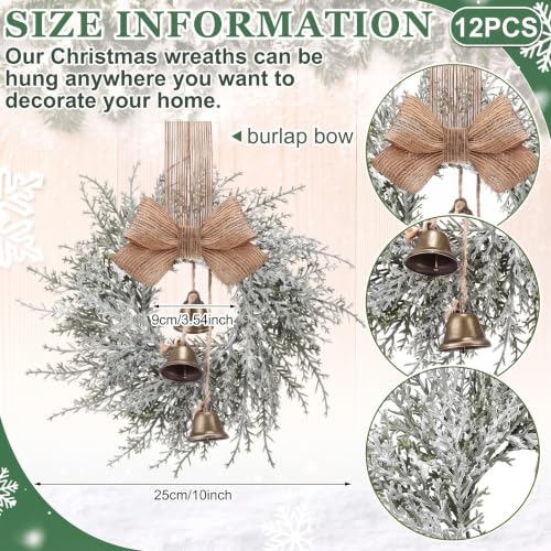 Civaner 12 Pcs 10-Inch Mini Christmas Wreaths with Bells & Ribbons - Holiday Decor