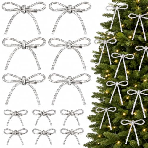 SEWACC Silver Christmas Bows with Clips 12 Pack, Rhinestone Tree Decorations