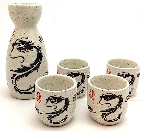 JapanBargain Porcelain Sake Set 5 oz White Dragon Design Microwave Safe