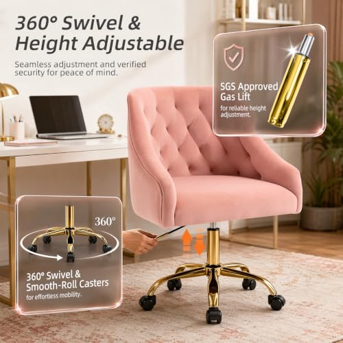 Velvet Office Desk Chair, Adjustable Swivel Vanity Chair with Gold Base