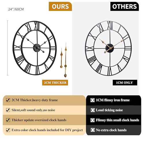 Black Roman Numeral 24 Inch Wall Clock - Silent Metal Decor for Living Room