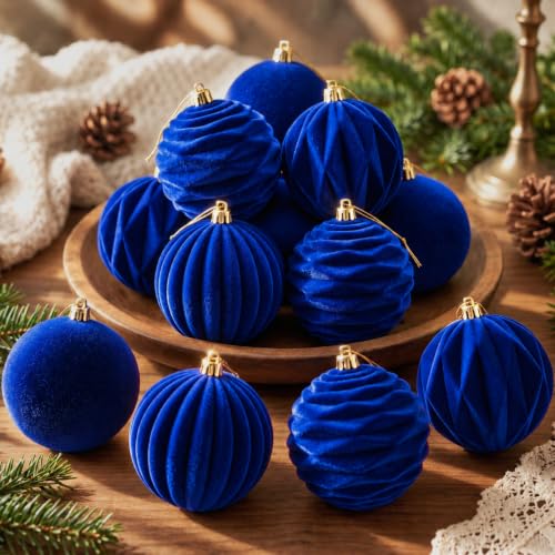Liliful 12 Pcs Velvet Christmas Ball Ornaments, 4 Inch Blue - Shatterproof, Flocked Velvet Texture