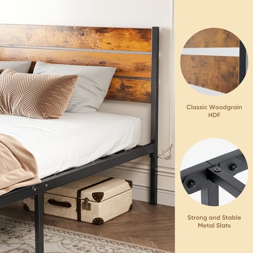Full Size Metal Bed Frame with Rustic Headboard and Under Bed Storage