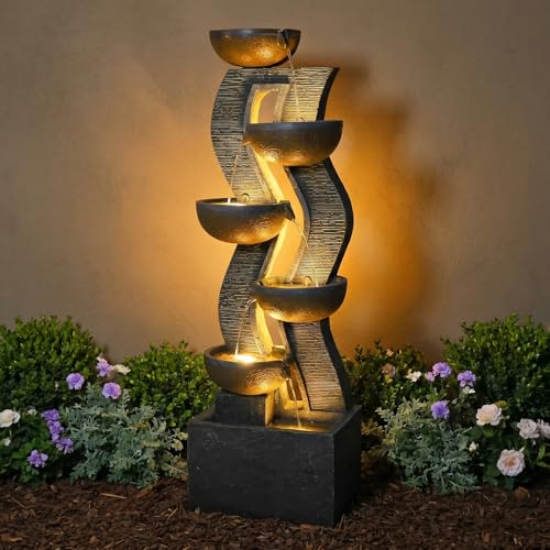 53-Inch 6-Tier Modern Floor Water Fountain with LED Lights for Garden Patio