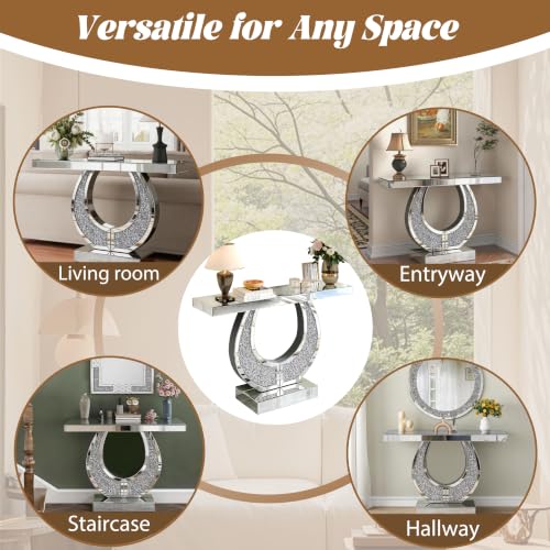 45-Inch Mirrored Console Table and Round Wall Mirror Set with Crushed Diamond
