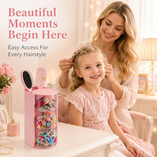 Pink 3-Layer Hair Accessories Organizer with Rotating Hair Brush Holder
