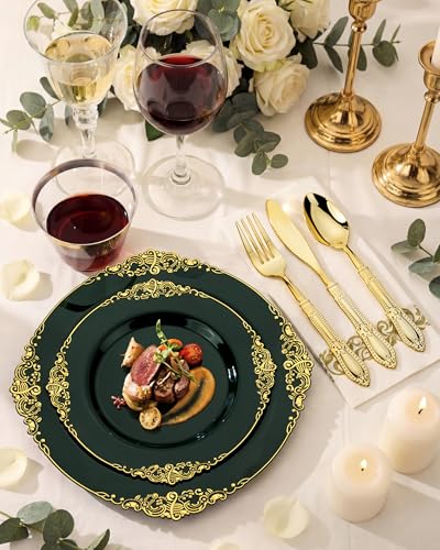 Morejoy Green Gold 175PCS Plastic Dinnerware Set - 25 Plates, 25 Dessert Plates, 25 Cups & 25 Utensils (Green & Gold)