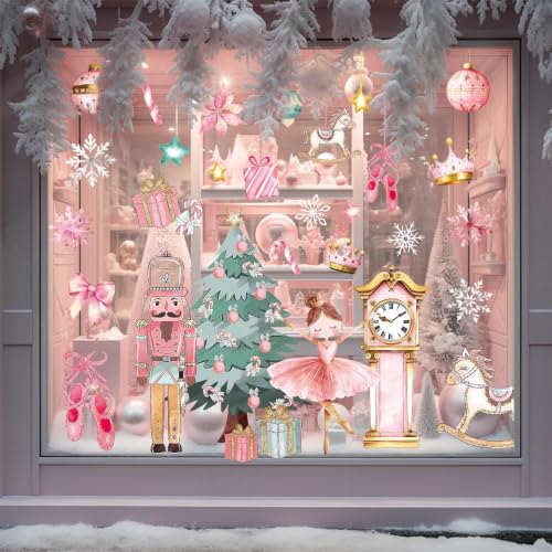 Whaline Pink Nutcracker Window Clings Gift Set – 6 Sheets Christmas Decor for Windows