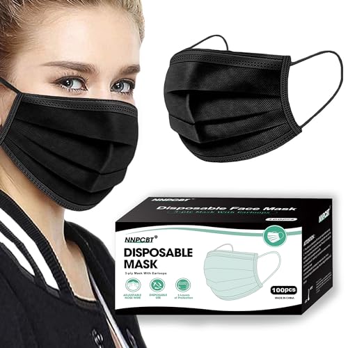 3-Ply Black Disposable Face Masks (100 Pack) - Breathable Non-Woven