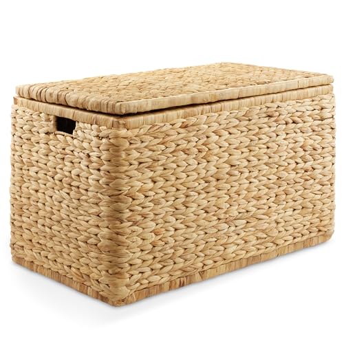 30-Inch Wicker Storage Chest with Lid, Safety Hinge, and Cut-Out Handles
