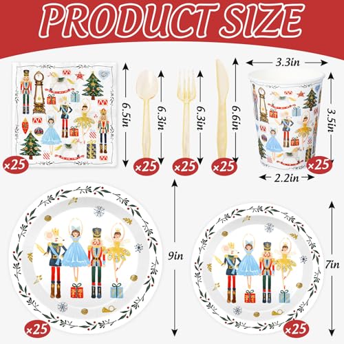 Nutcracker Christmas Party Tableware Set - 175 pcs Watercolor Holiday Disposable Dinnerware for 25 Guests