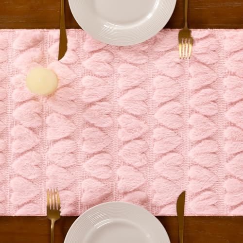 Pink Heart Valentine's Day Plush Faux Fur Jacquard Table Runner 13" x 72" - Socomi